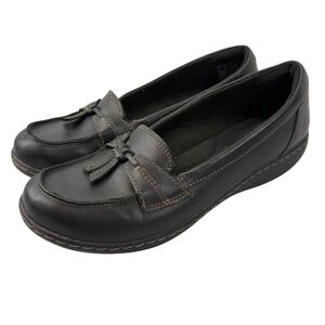 Clarks Womens 8.5M Black Leather Loafers Tassel Slip-On Comfort Shoes Casual